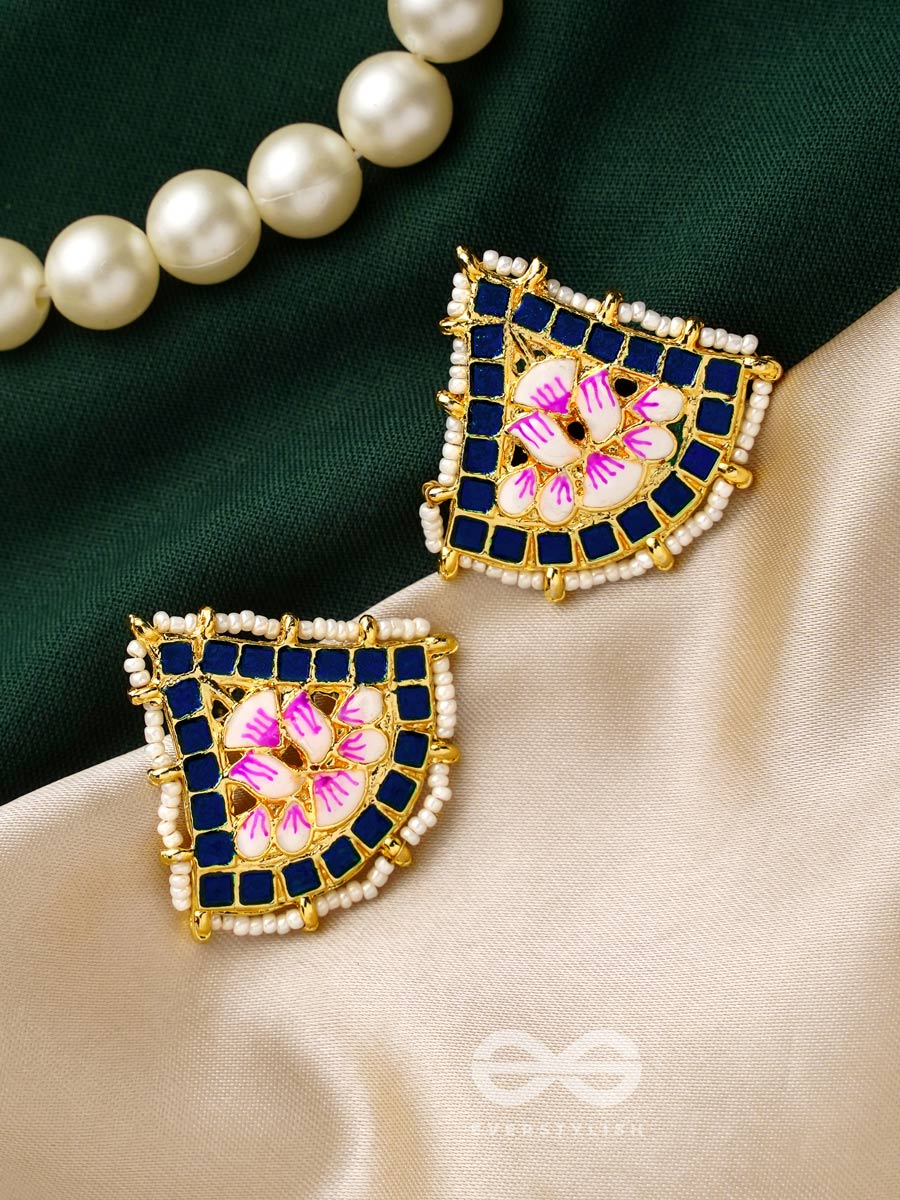 The Lotus Temple- Enamelled Statement Stud Earrings (Indigo Blue)