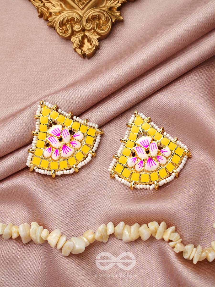 The Lotus Temple- Enamelled Statement Stud Earrings(Cadmium Yellow)
