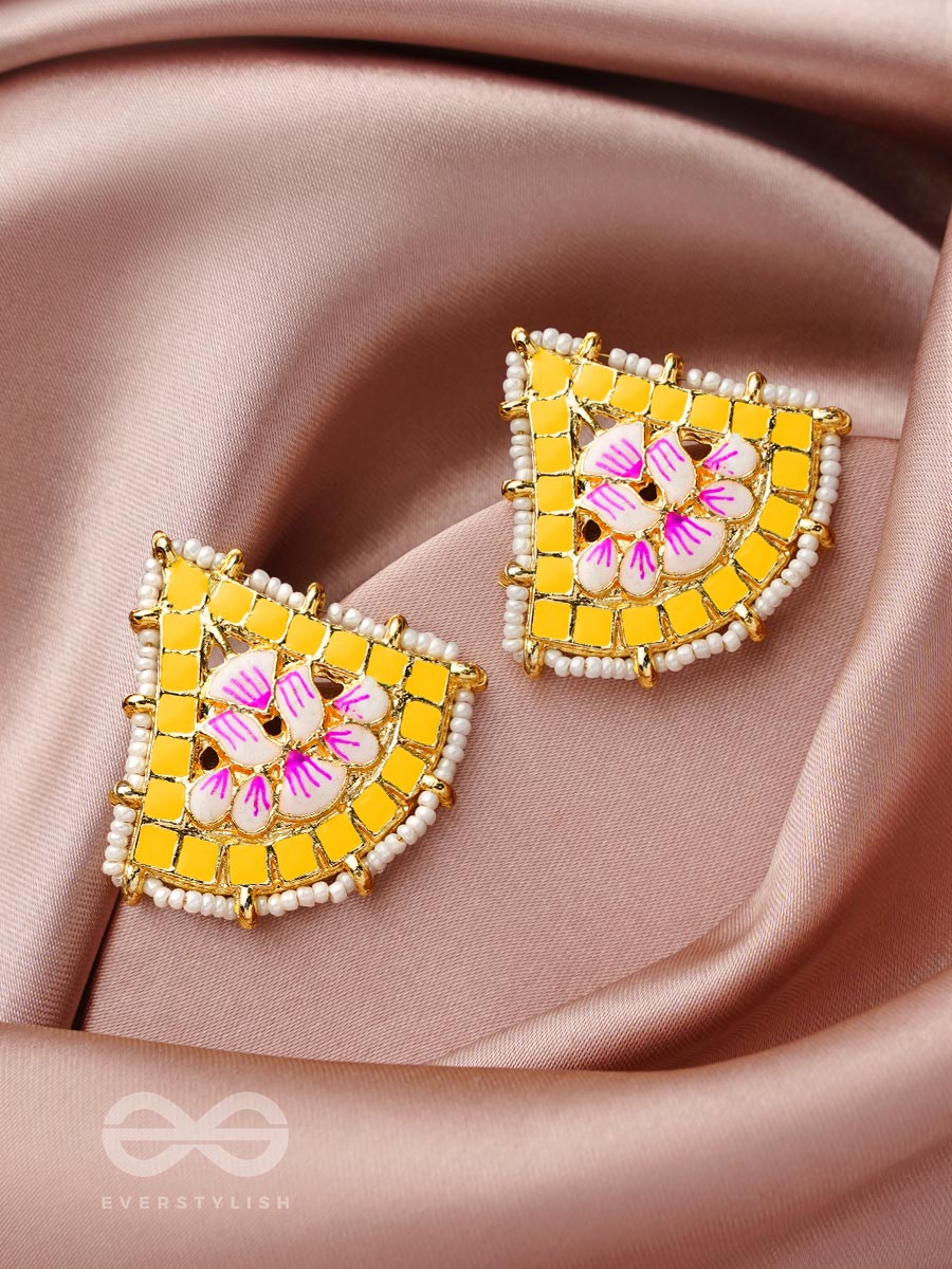 The Lotus Temple- Enamelled Statement Stud Earrings(Cadmium Yellow)