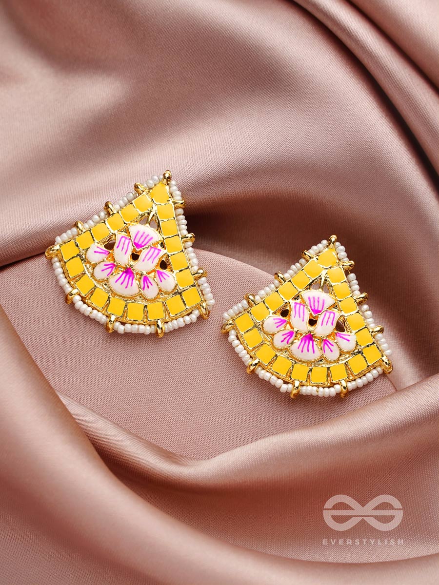 The Lotus Temple- Enamelled Statement Stud Earrings(Cadmium Yellow)