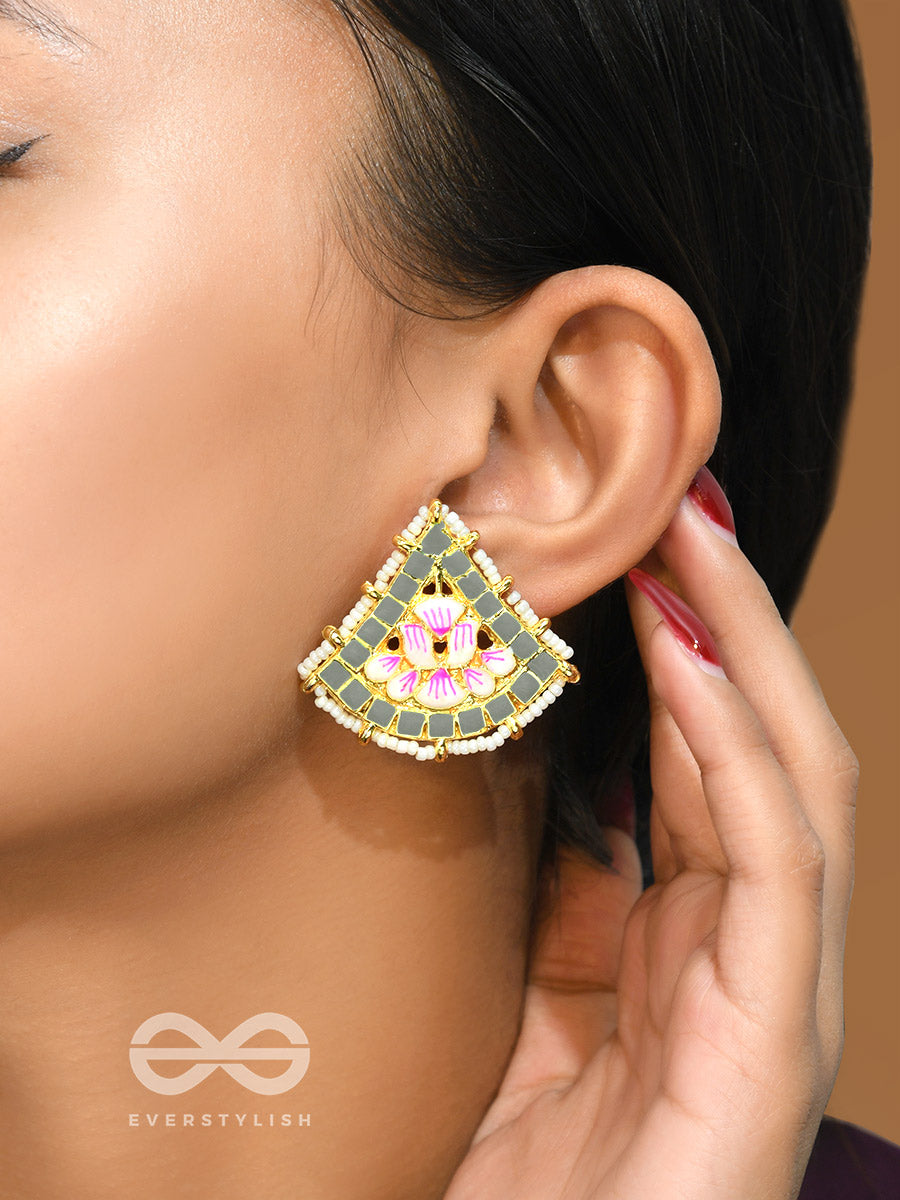 The Lotus Temple- Enamelled Statement Stud Earrings(Fossil Gray)