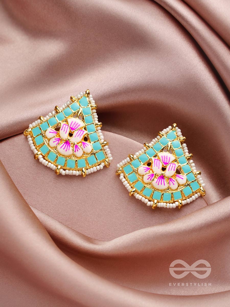 The Lotus Temple- Enamelled Statement Stud Earrings(Arctic Blue)