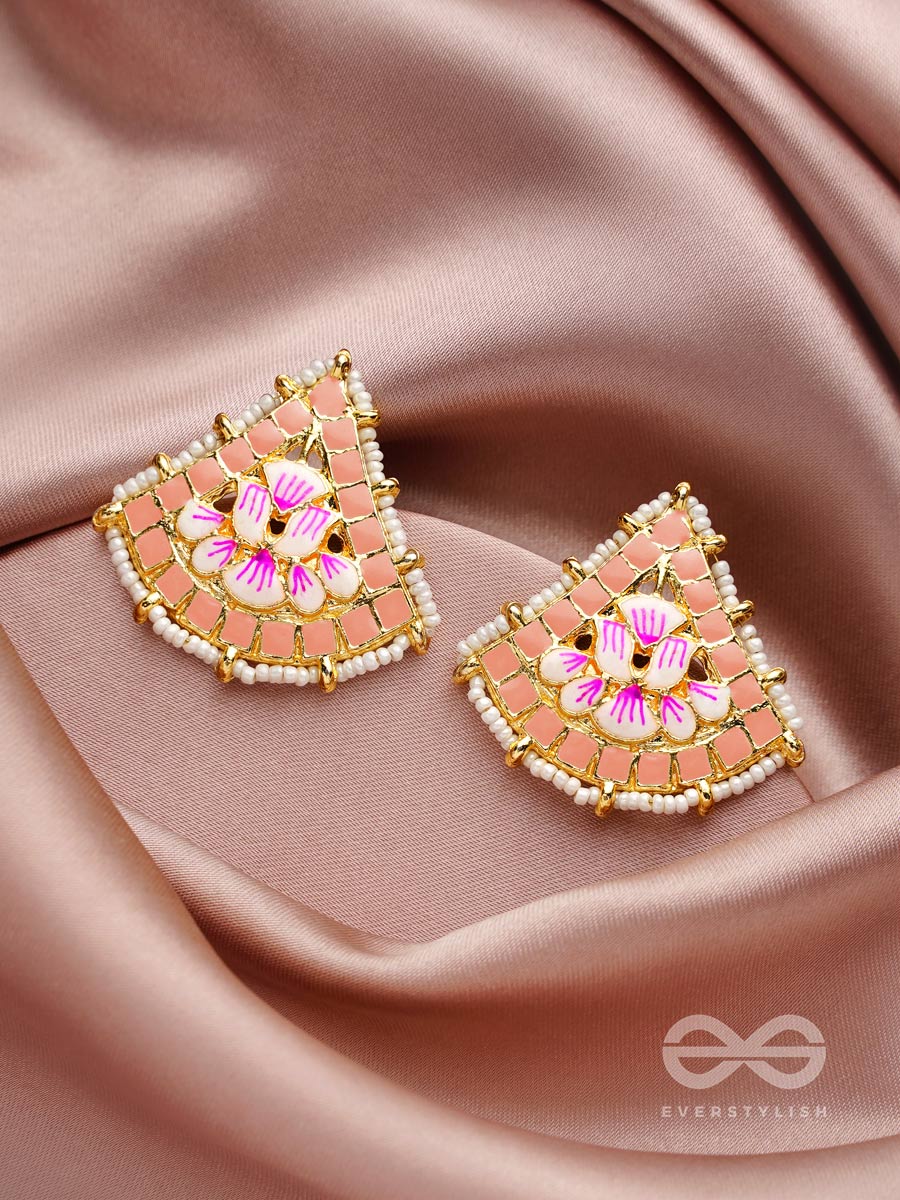 The Lotus Temple- Enamelled Statement Stud Earrings(Blush Pink)