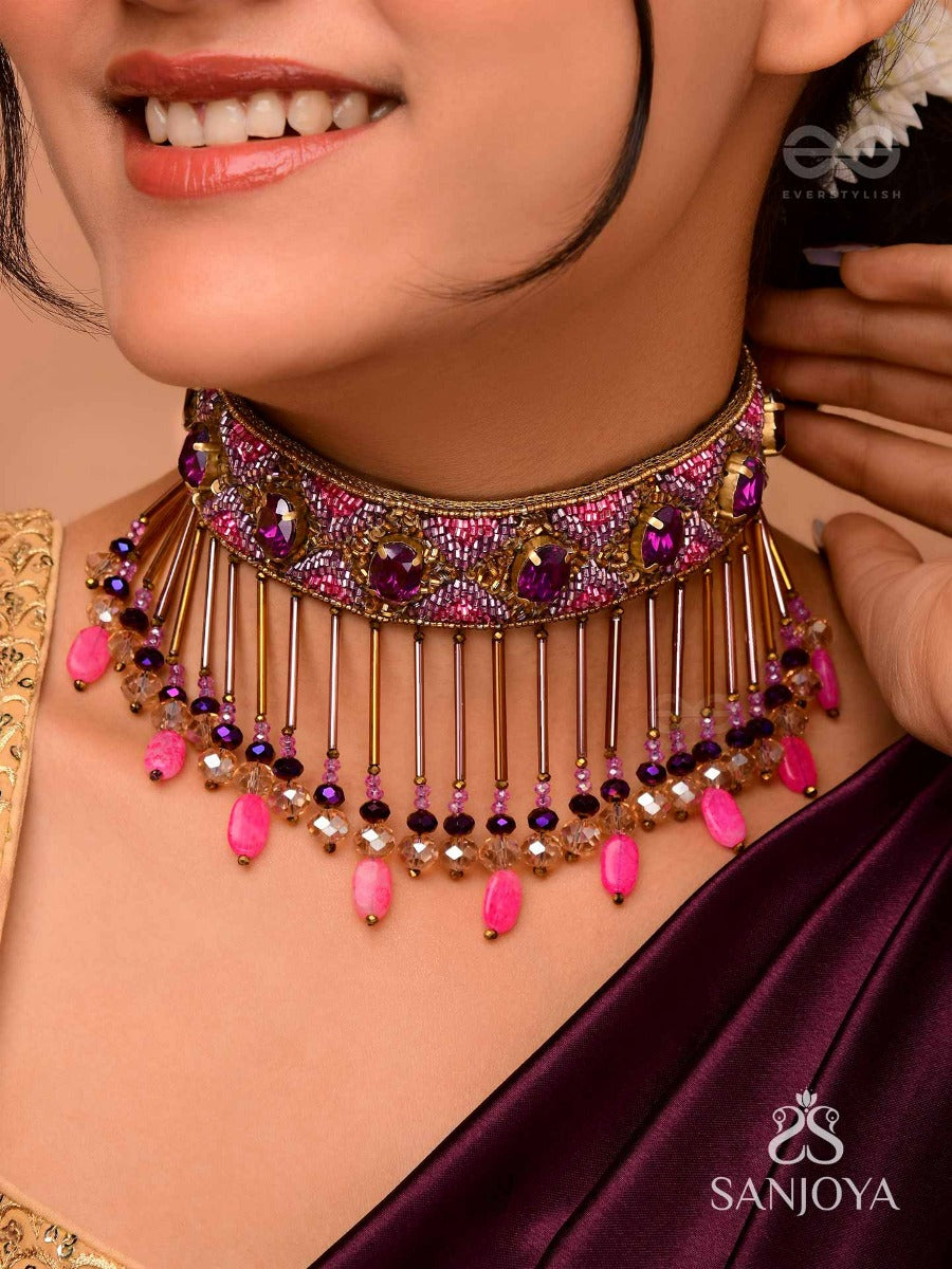 Aavsati- The Night Sky- Stones And Glass Beads Embroidered Choker Necklace