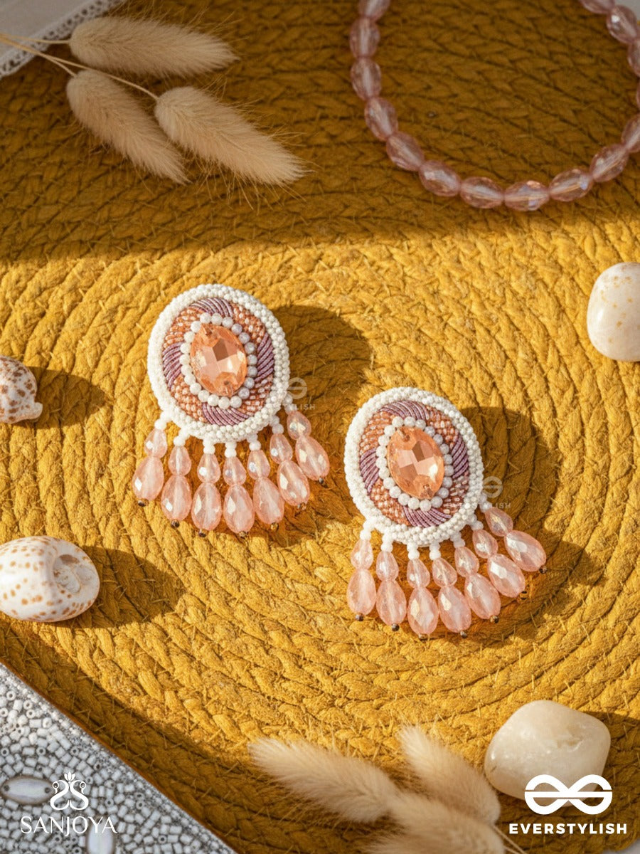 Praatika - The Pink Rose - Stone, Cutdana And Glass Drops Hand Embroidered Earrings
