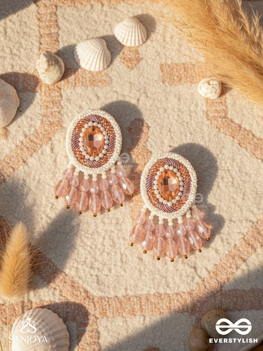 Praatika - The Pink Rose - Stone, Cutdana And Glass Drops Hand Embroidered Earrings