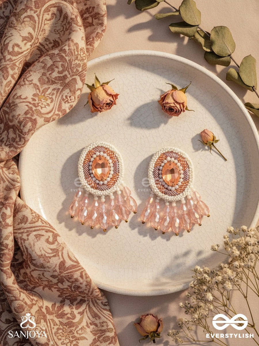 Praatika - The Pink Rose - Stone, Cutdana And Glass Drops Hand Embroidered Earrings