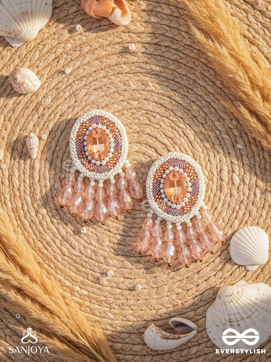 Praatika - The Pink Rose - Stone, Cutdana And Glass Drops Hand Embroidered Earrings
