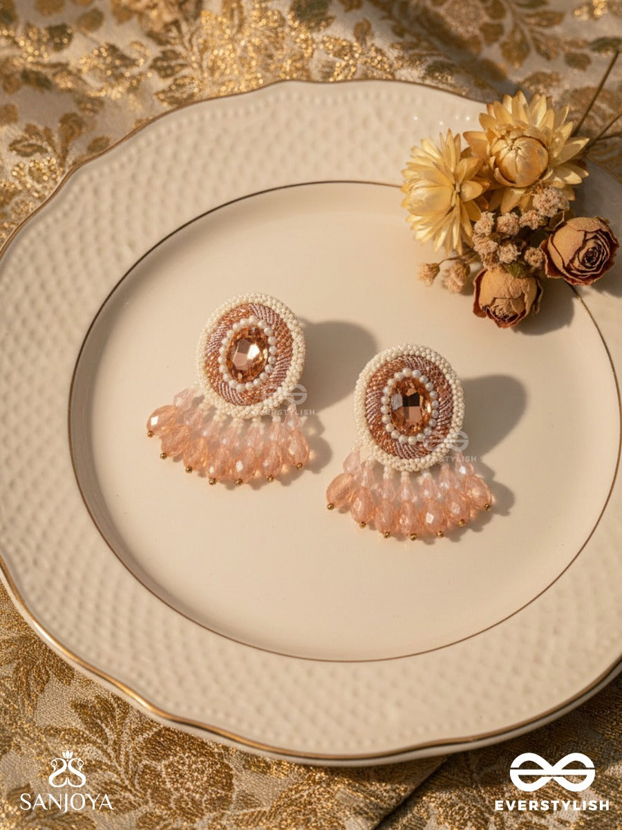 Praatika - The Pink Rose - Stone, Cutdana And Glass Drops Hand Embroidered Earrings