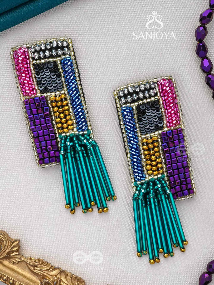 Srava- The Vibrant Waterfall- Beads And Bugle Glass Pipes Embroidered Earrings