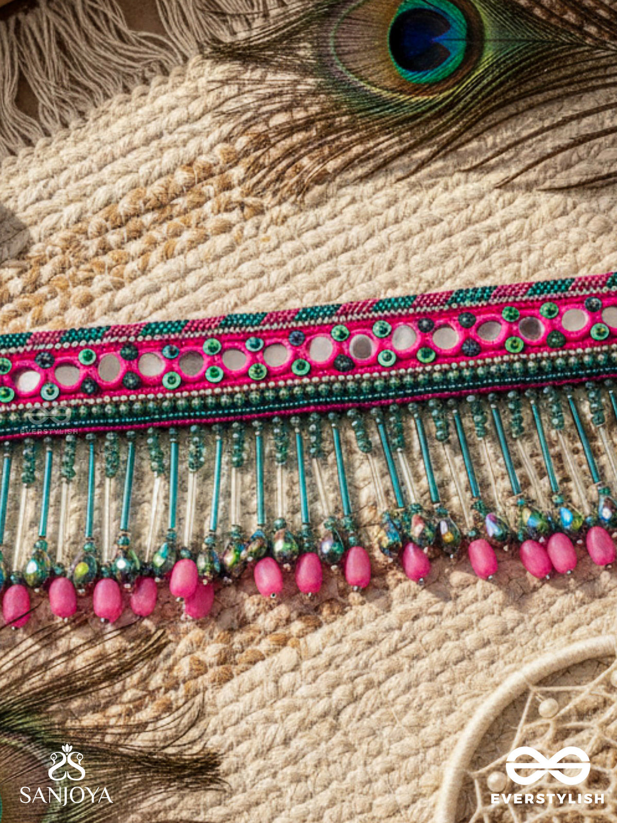 Srava- The Rose Cascade- Glass Beads & Mirror Lace Embroidered Choker Necklace