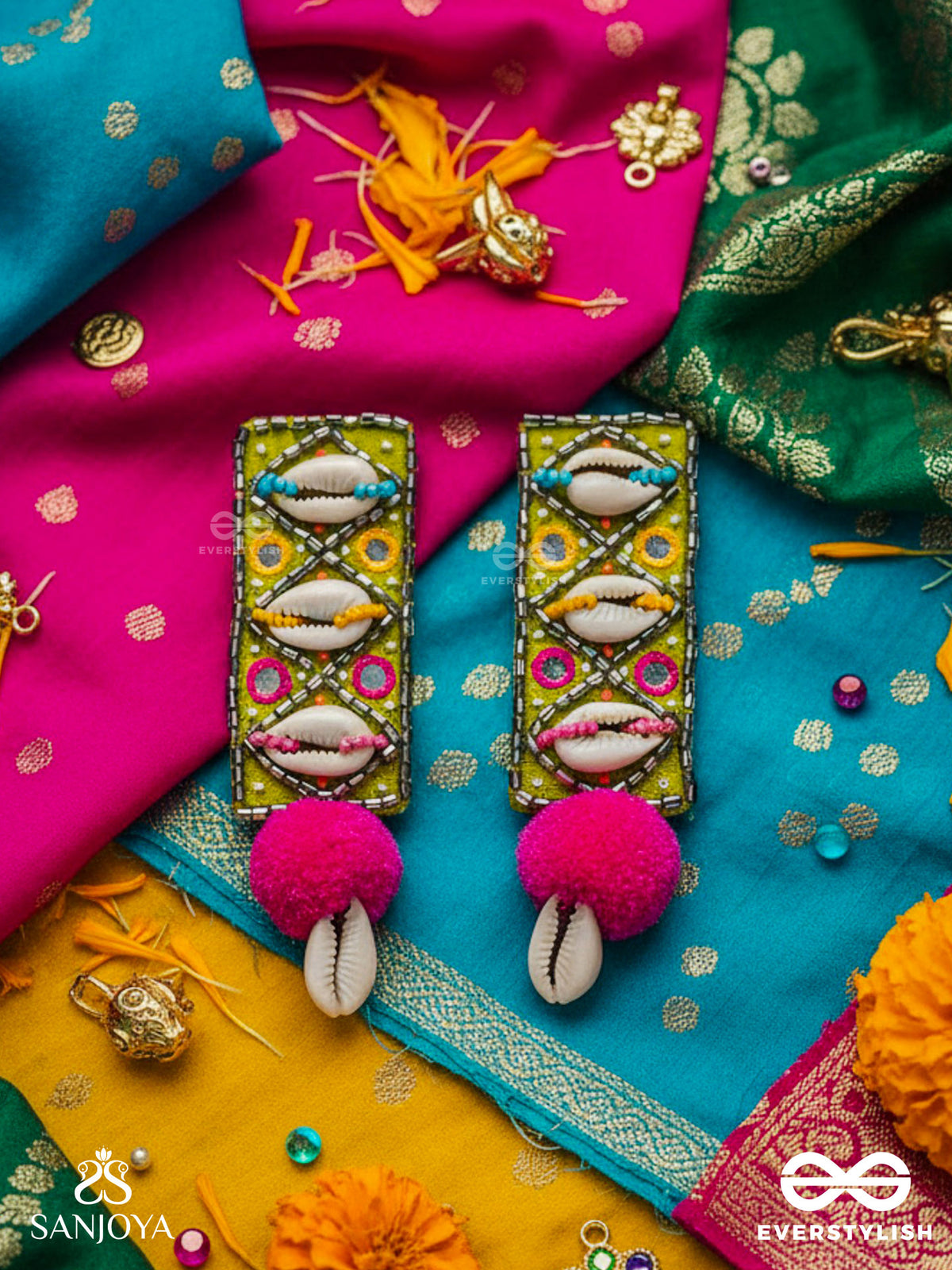 Peshika- The Shimmering Shells- Mirrors & Resham Embroidered Earrings