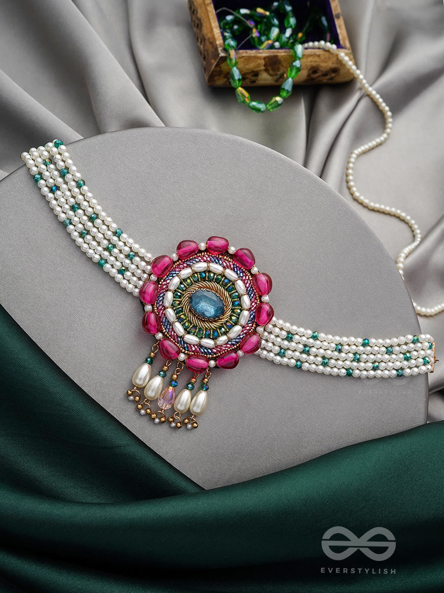 Praatika- The China Rose - Stone, Beads And Pearl Drops Hand Embroidered Choker Neckpiece