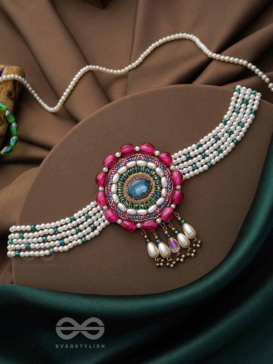 Praatika- The China Rose - Stone, Beads And Pearl Drops Hand Embroidered Choker Neckpiece
