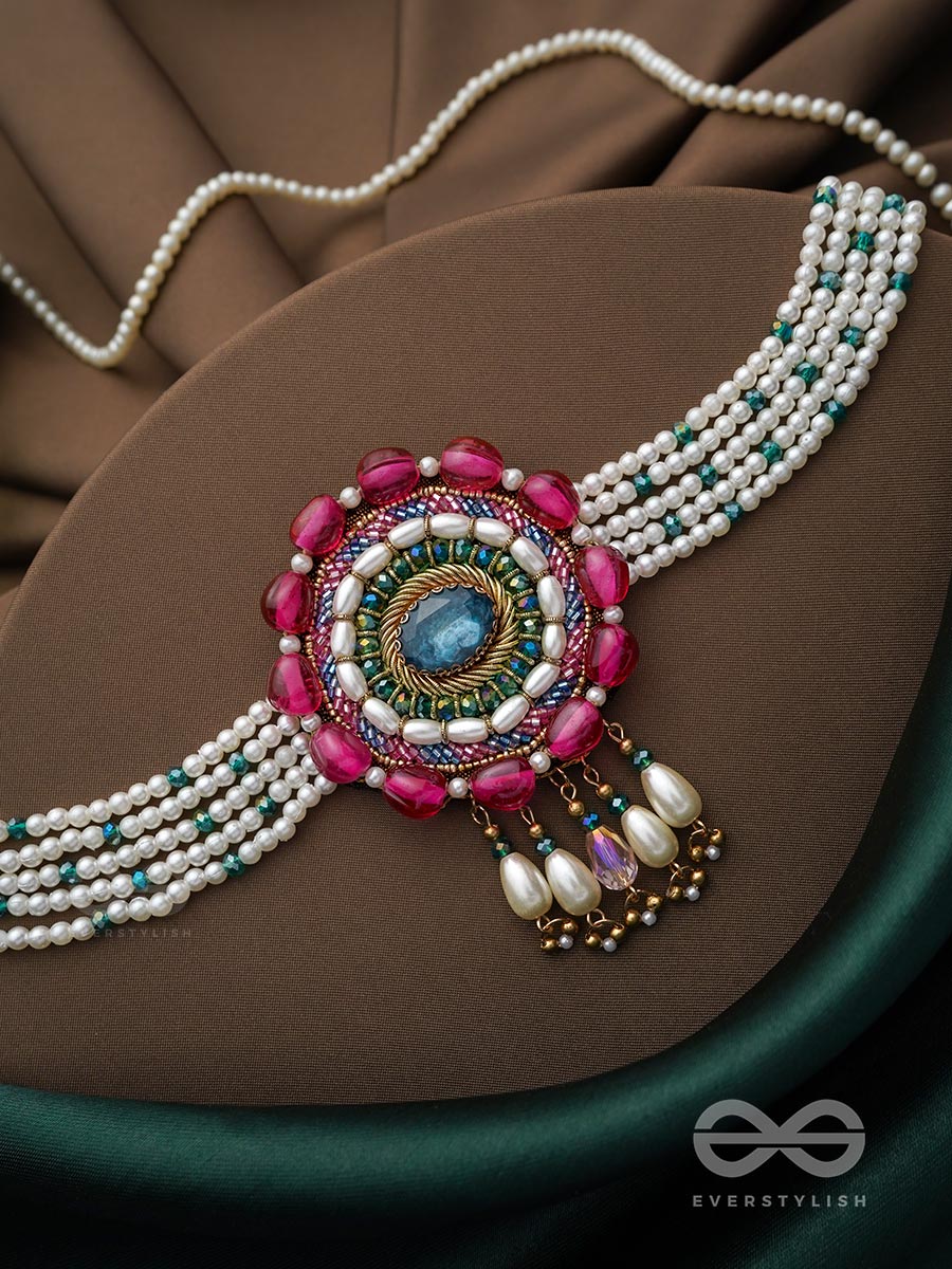 Praatika- The China Rose - Stone, Beads And Pearl Drops Hand Embroidered Choker Neckpiece