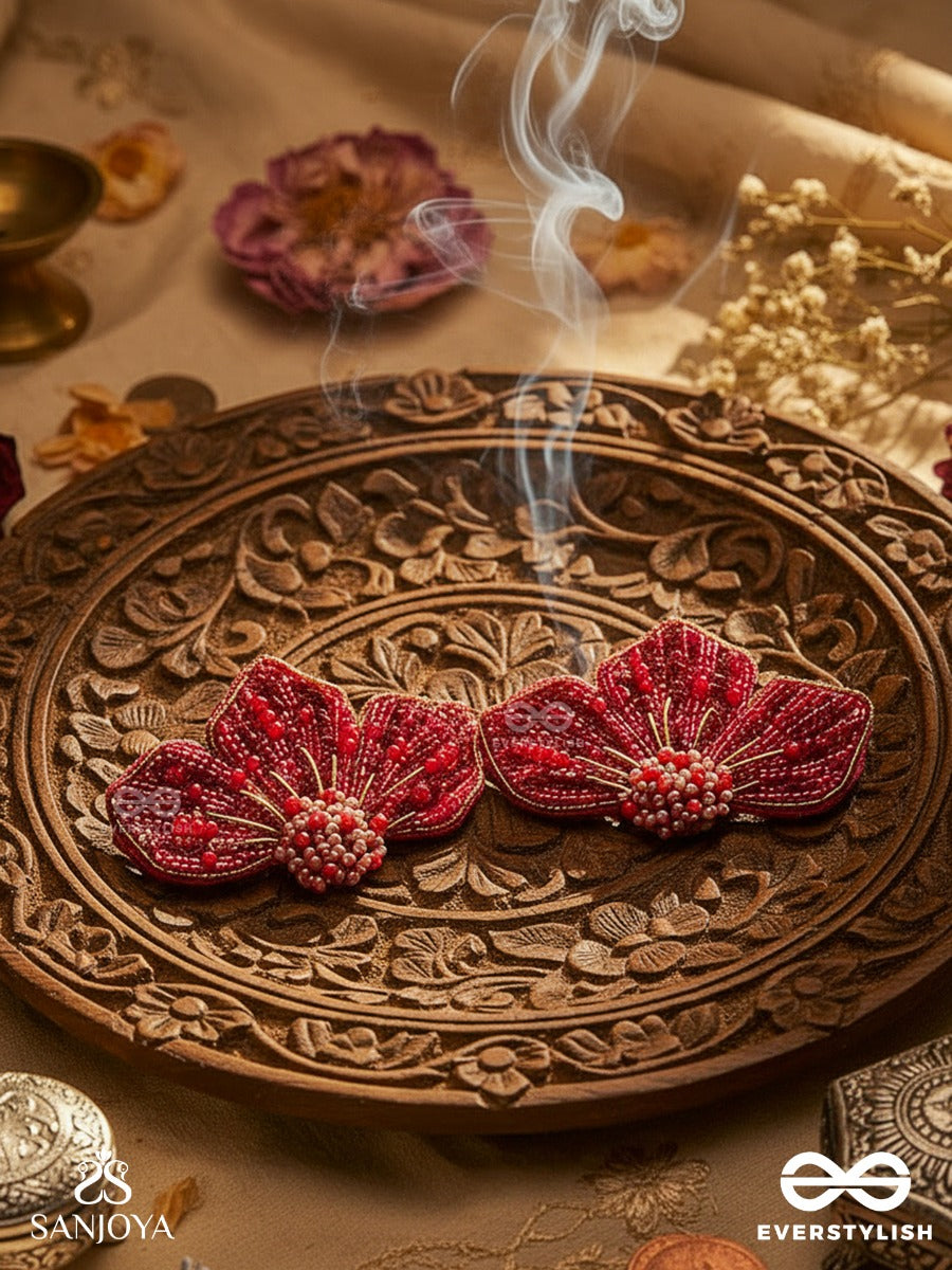 Prasthika- The Crimson Hibiscus- Sequins And Beads Embroidered Stud Earrings
