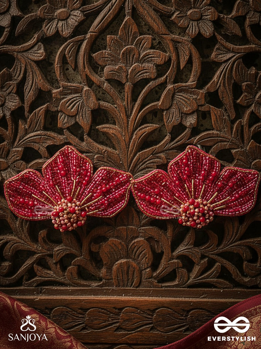 Prasthika- The Crimson Hibiscus- Sequins And Beads Embroidered Stud Earrings