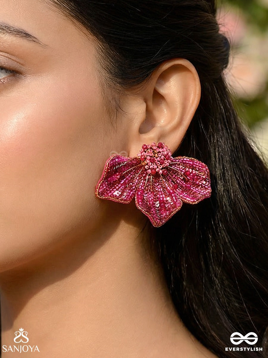 Prasthika- The Crimson Hibiscus- Sequins And Beads Embroidered Stud Earrings