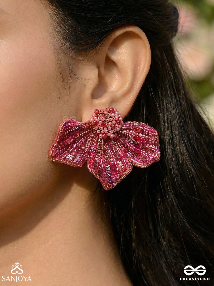 Prasthika- The Crimson Hibiscus- Sequins And Beads Embroidered Stud Earrings