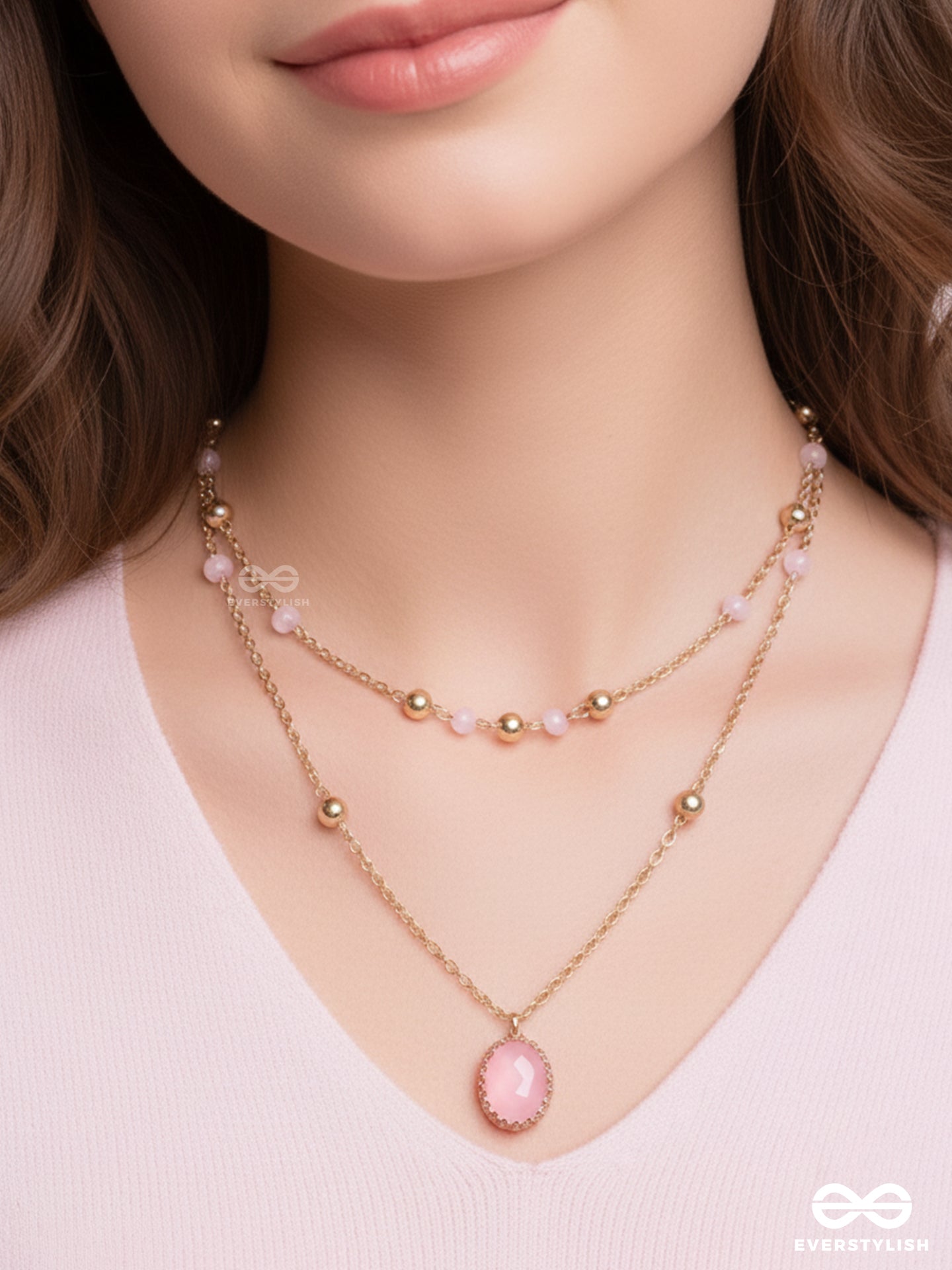 Golden Embellished Layered Necklace – The Pink Pizzazz – Everstylish
