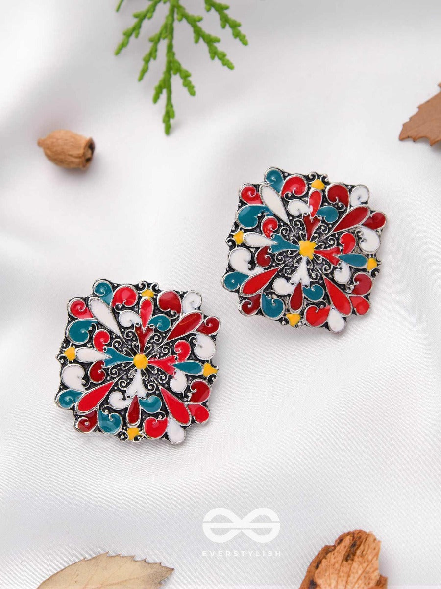 The Floral Fantasy- Oxidised Statement Stud Earrings (Stone Blue, Crimson & Red Orange)
