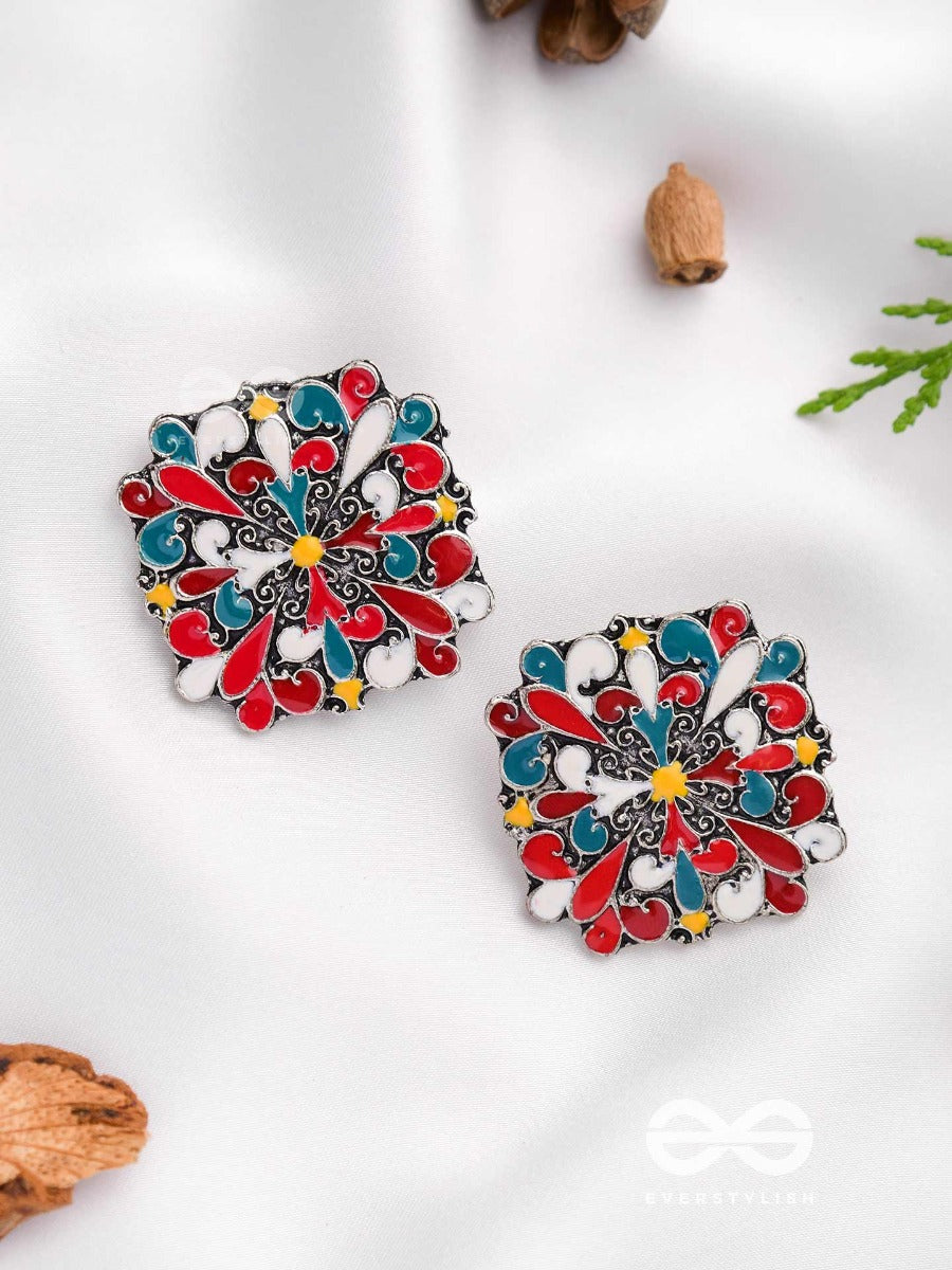 The Floral Fantasy- Oxidised Statement Stud Earrings (Stone Blue, Crimson & Red Orange)
