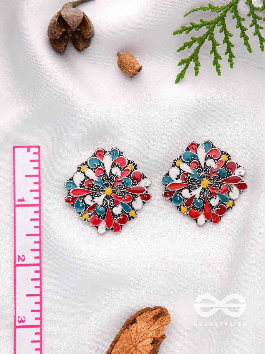 The Floral Fantasy- Oxidised Statement Stud Earrings (Stone Blue, Crimson & Red Orange)