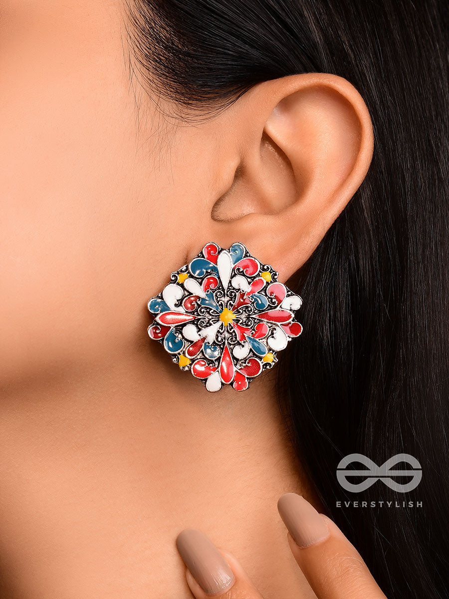 The Floral Fantasy- Oxidised Statement Stud Earrings (Stone Blue, Crimson & Red Orange)