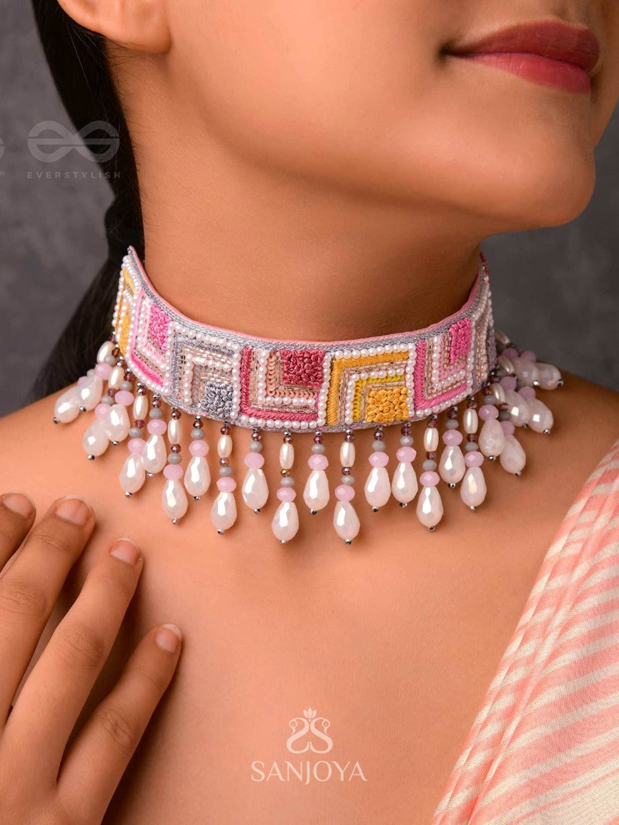 Karmuka - The Jazzy Rainbow - Resham, Beads And Glass Drops Hand Embroidered Choker Neckpiece