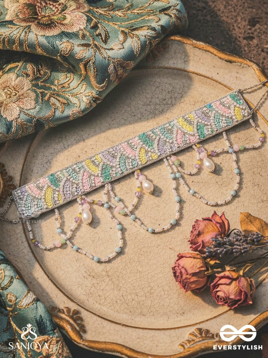 Paatalya - The Flower Meadow - Sequins, Beads And Glass Drops Hand Embroidered Choker Necpiece