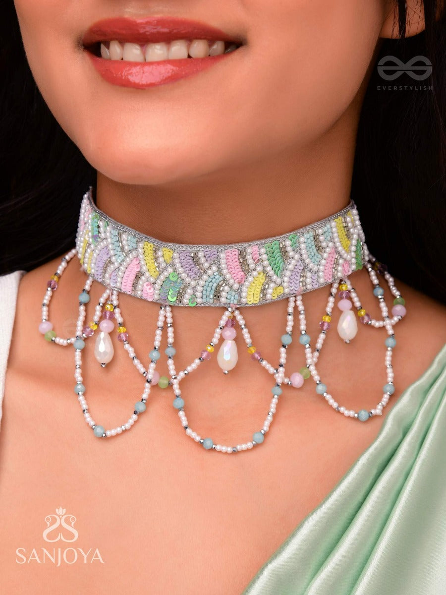 Paatalya - The Flower Meadow - Sequins, Beads And Glass Drops Hand Embroidered Choker Necpiece
