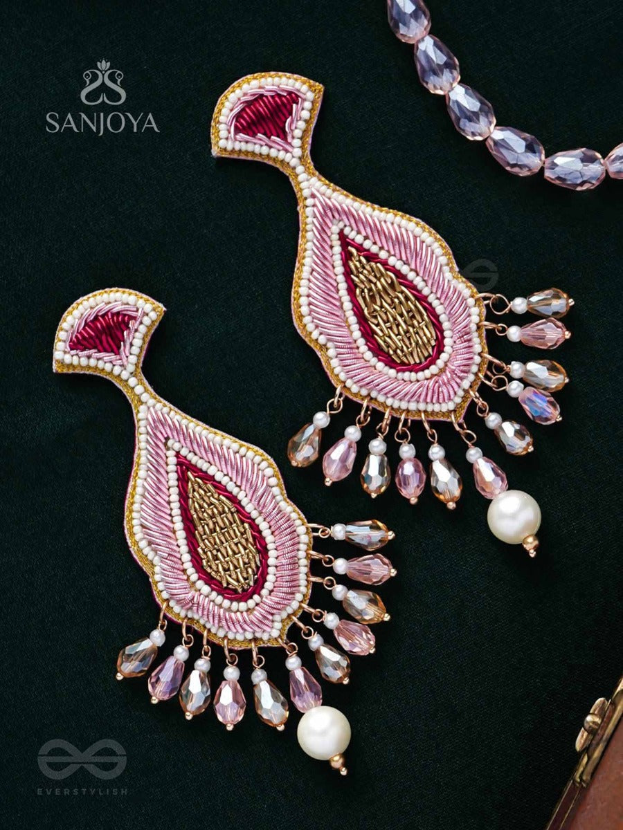 Vismaya - The Amazement - Dabka, Beads And Glass Drops Hand Embroidered Earrings