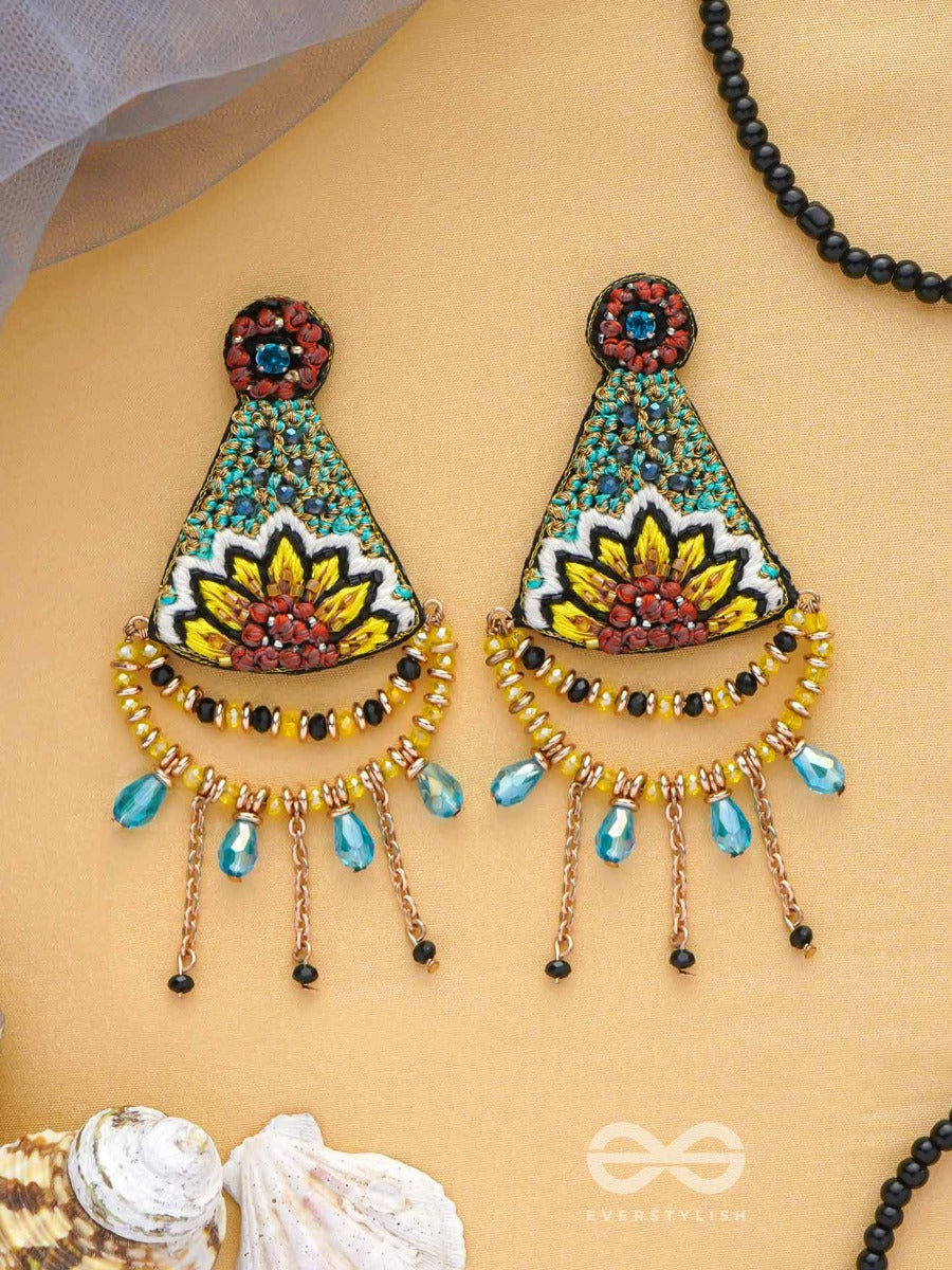 Aakara - The Geometric Blossom- Resham, Beads And Glass Drop Embroidered Earrings