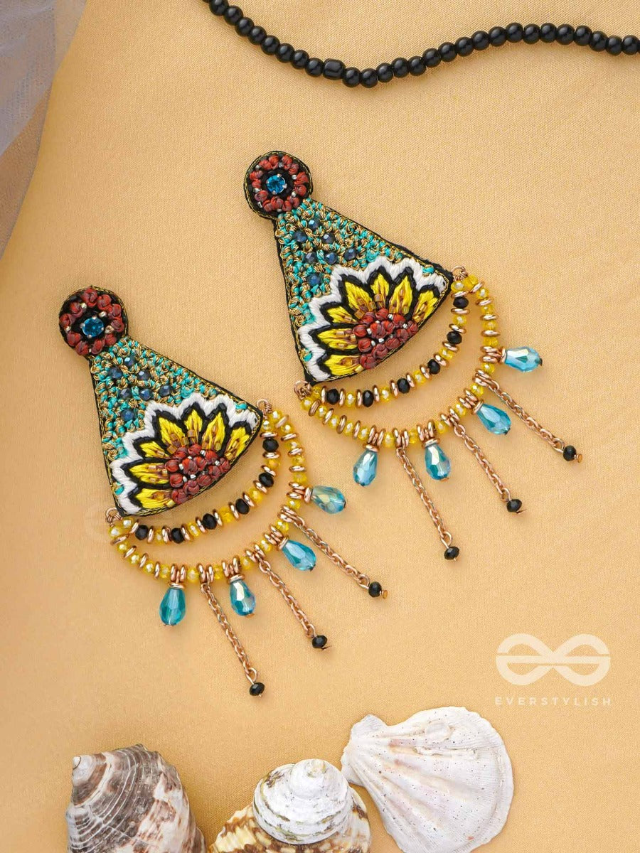 Aakara - The Geometric Blossom- Resham, Beads And Glass Drop Embroidered Earrings