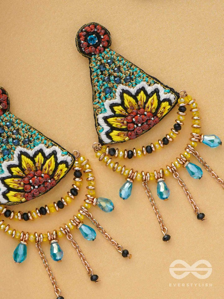 Aakara - The Geometric Blossom- Resham, Beads And Glass Drop Embroidered Earrings