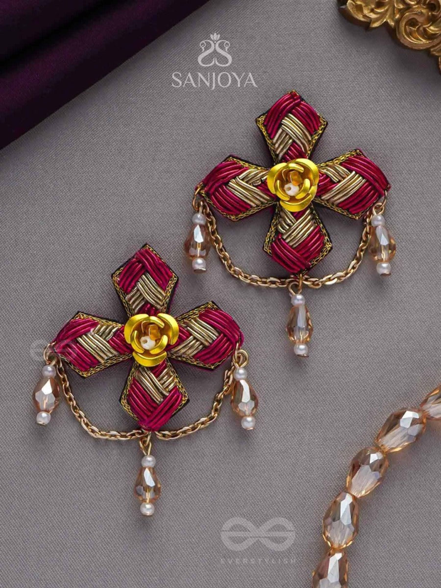 Chaarvi - The Beautiful And Elegant - Dabka And Glass Drops Hand Embroidered Earrings