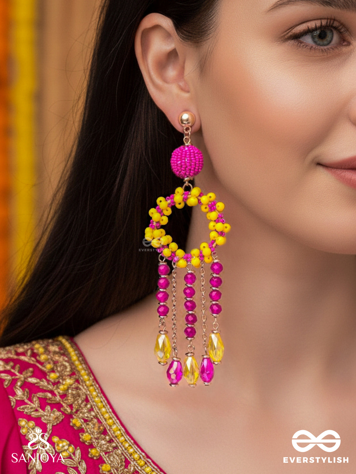 Wildfire Spirit - Bold And Statement Dangler Earrings (Pink & Yellow)