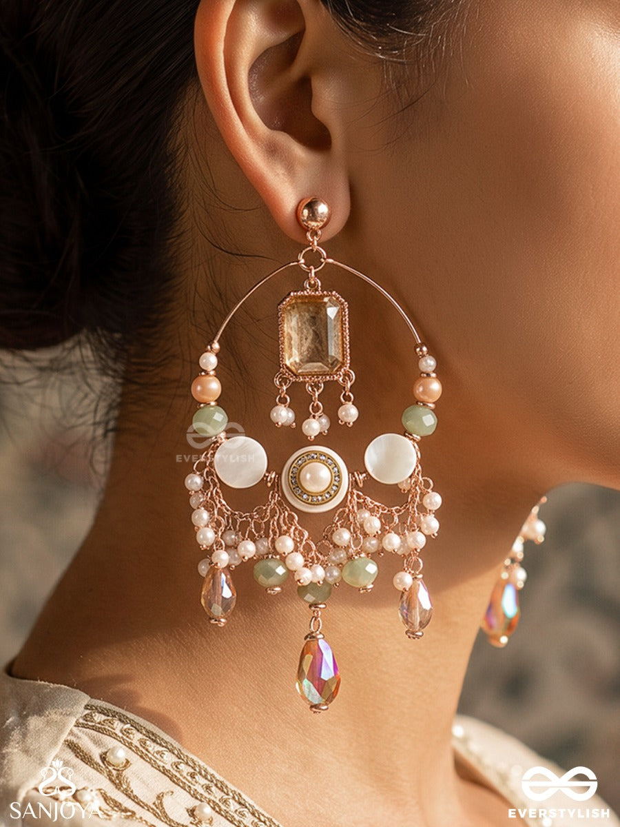 Navodha - The Wedded Dazzle - Statement Golden And Green Embellished Crystal Chandelier Earrings