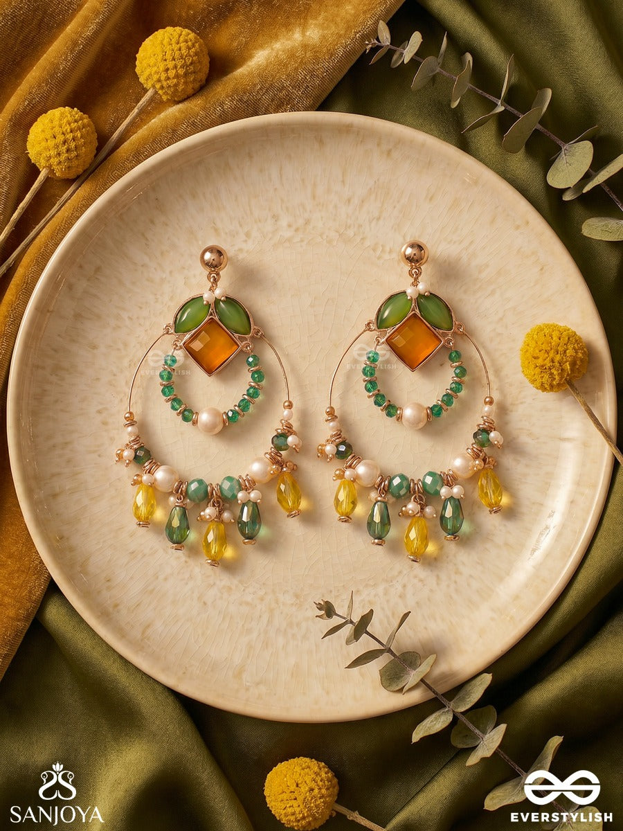 Dvyaha - The Shimmering Fiesta - Statement Golden Embellished Crystal Chandelier Earrings