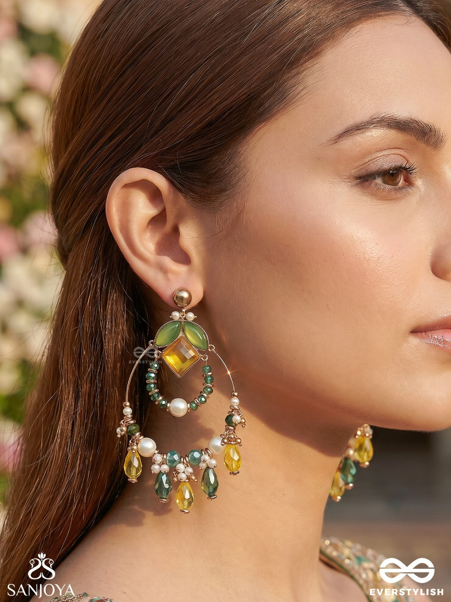 Dvyaha - The Shimmering Fiesta - Statement Golden Embellished Crystal Chandelier Earrings