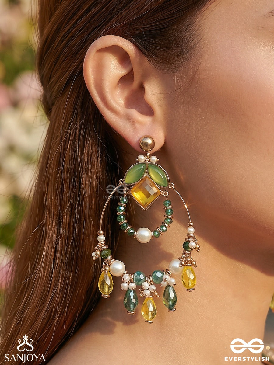 Dvyaha - The Shimmering Fiesta - Statement Golden Embellished Crystal Chandelier Earrings