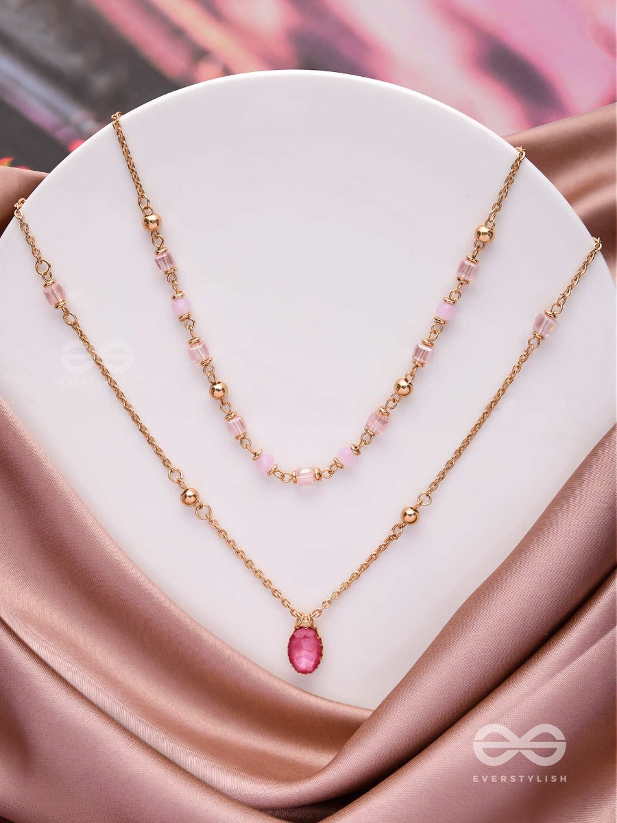 Charming Crystal Cascade - Cute Multilayered Neckpiece (Pink) With Anti-Tarnish Coating