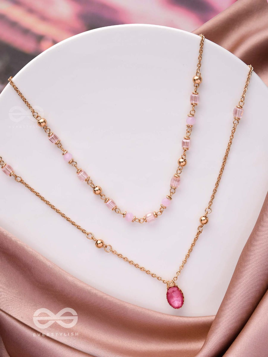 Charming Crystal Cascade - Cute Multilayered Neckpiece (Pink) With Anti-Tarnish Coating