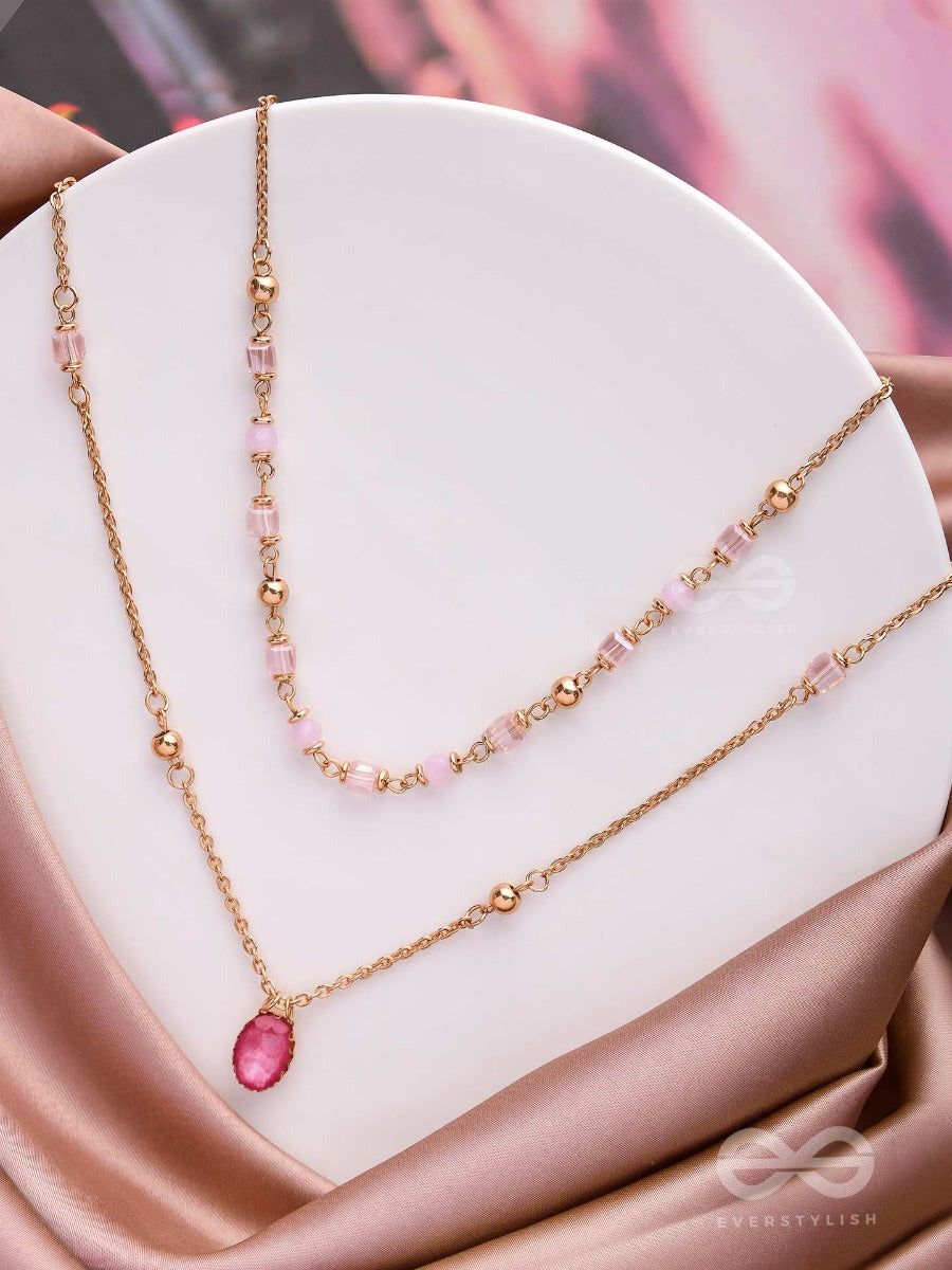 Charming Crystal Cascade - Cute Multilayered Neckpiece (Pink) With Anti-Tarnish Coating