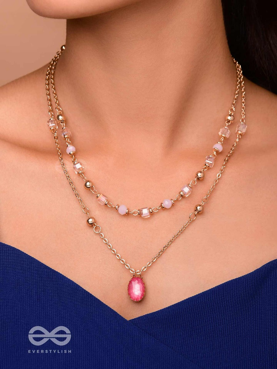 Charming Crystal Cascade - Cute Multilayered Neckpiece (Pink) With Anti-Tarnish Coating