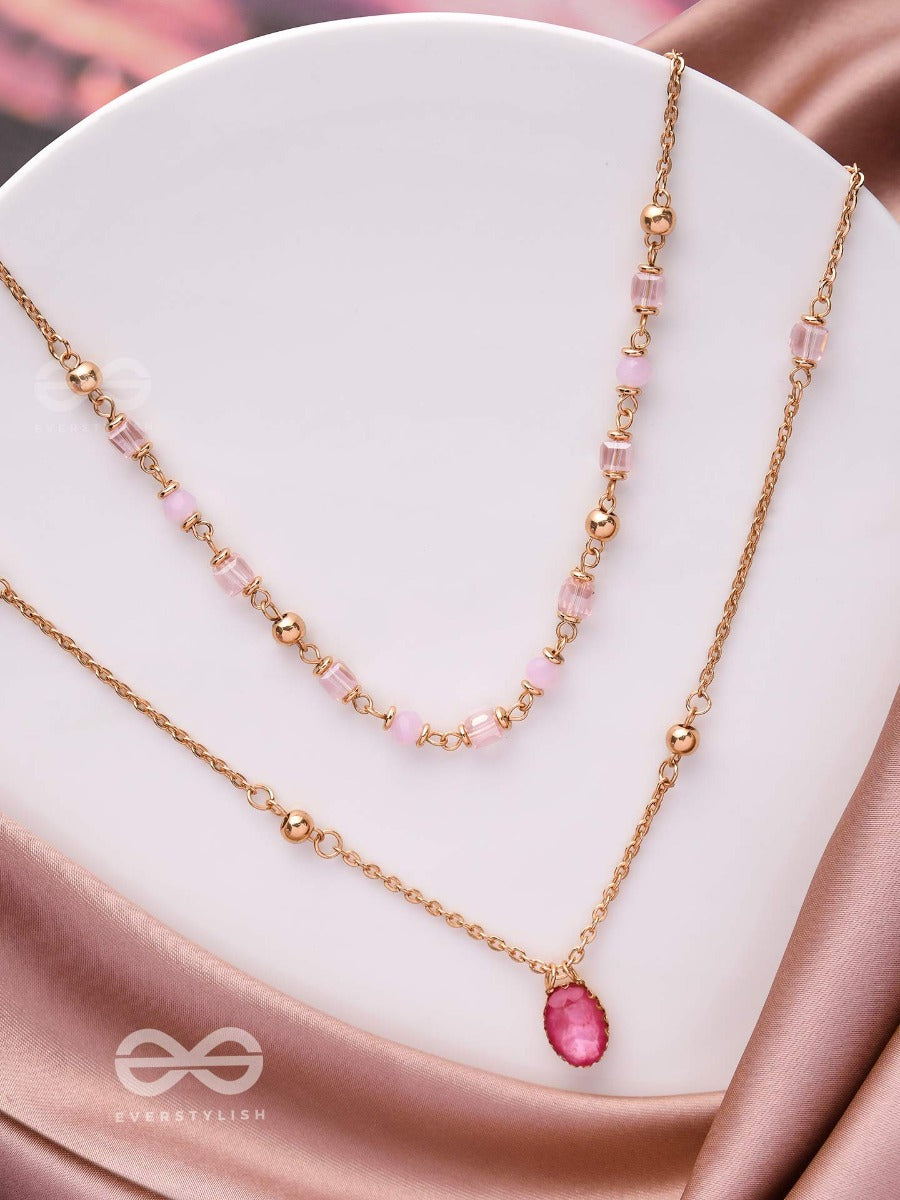 Charming Crystal Cascade - Cute Multilayered Neckpiece (Pink) With Anti-Tarnish Coating