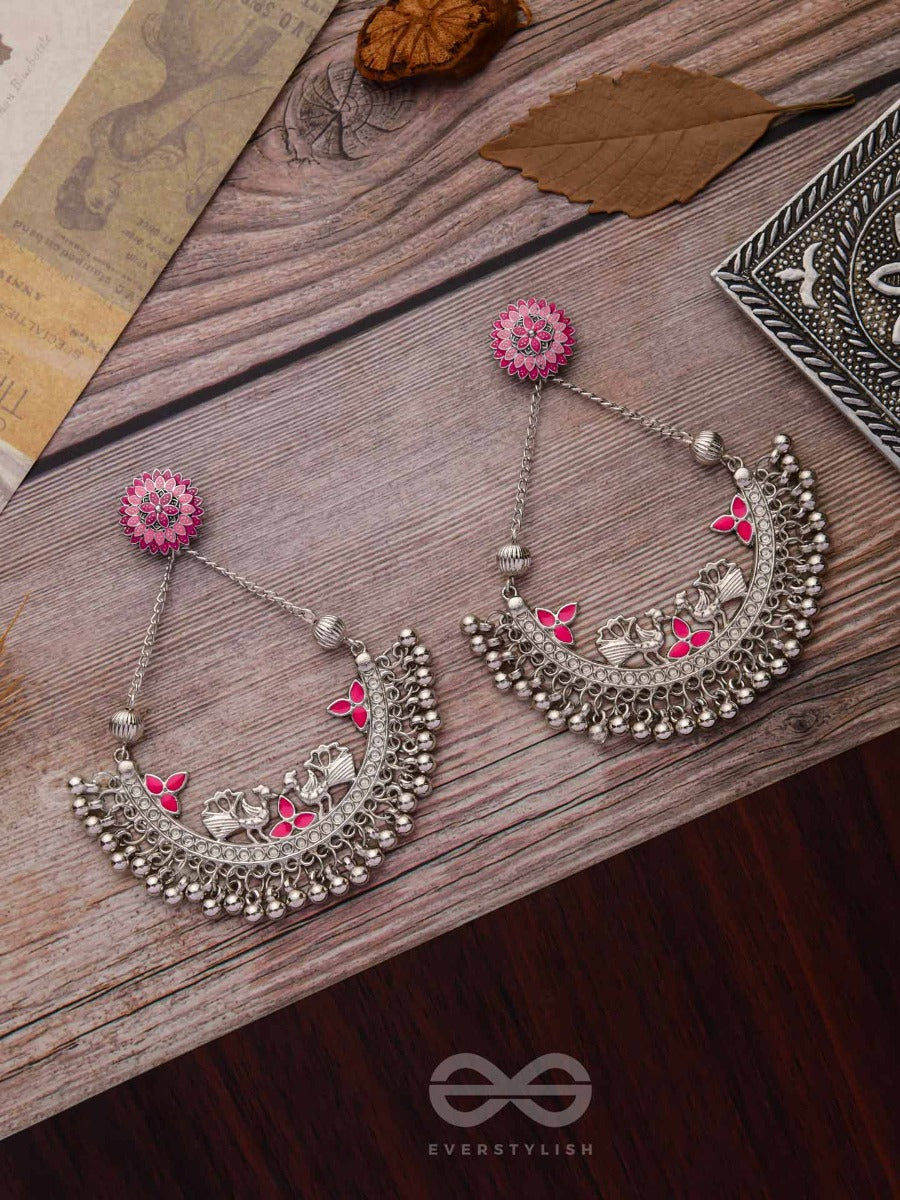 Mystical Peacocks In Pink - Embellished Oxidised Earrings