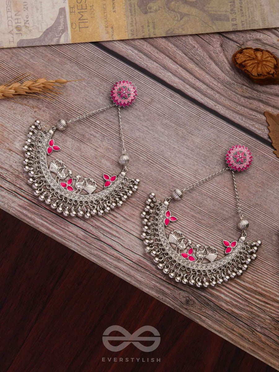 Mystical Peacocks In Pink - Embellished Oxidised Earrings