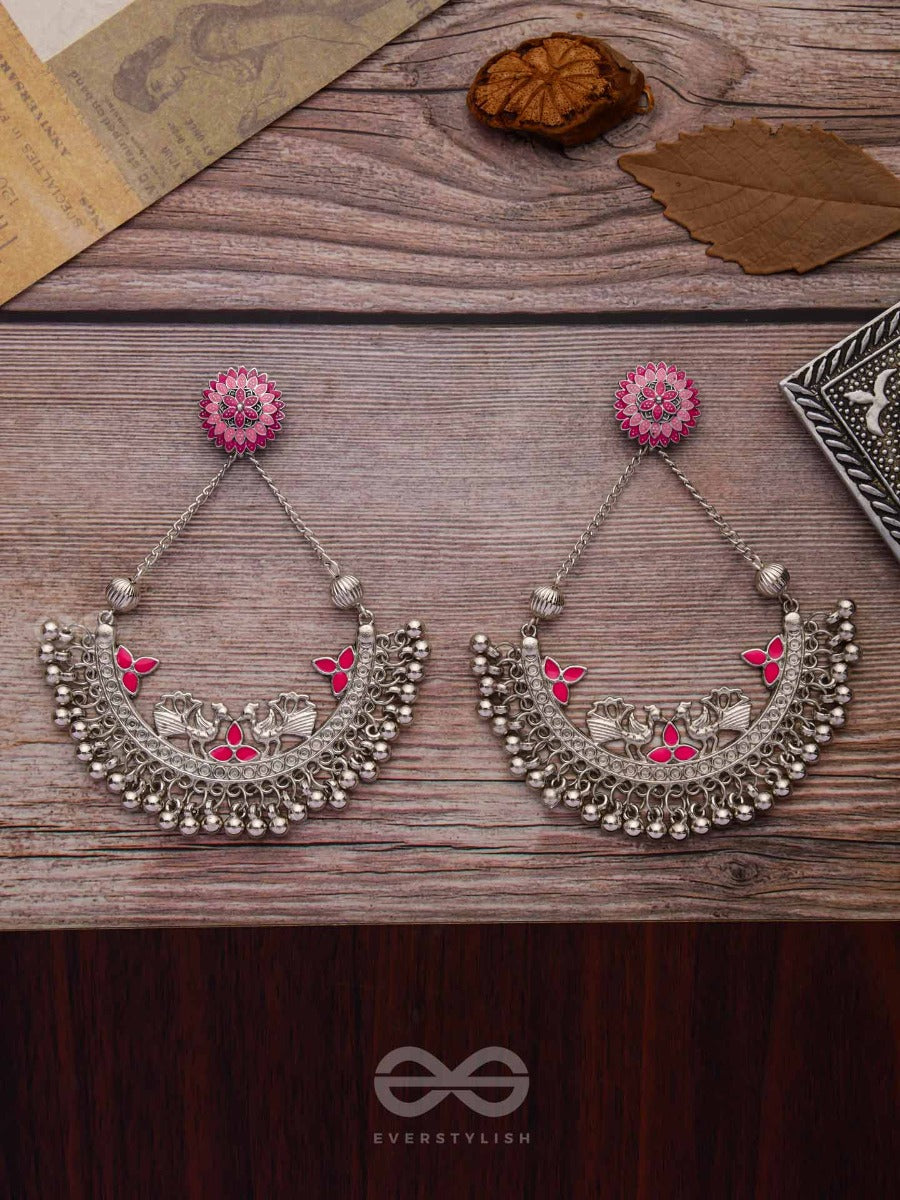 Mystical Peacocks In Pink - Embellished Oxidised Earrings