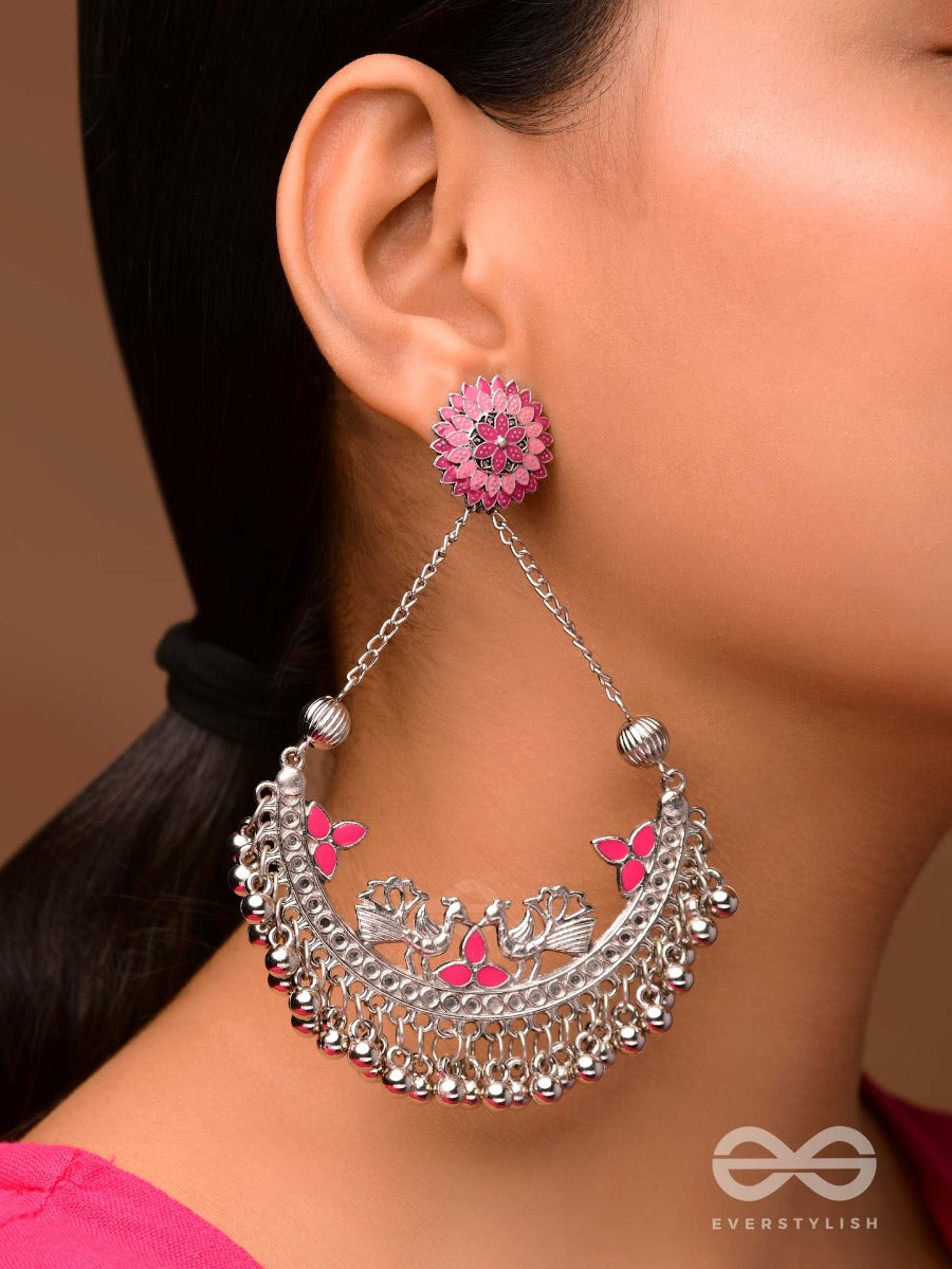 Mystical Peacocks In Pink - Embellished Oxidised Earrings